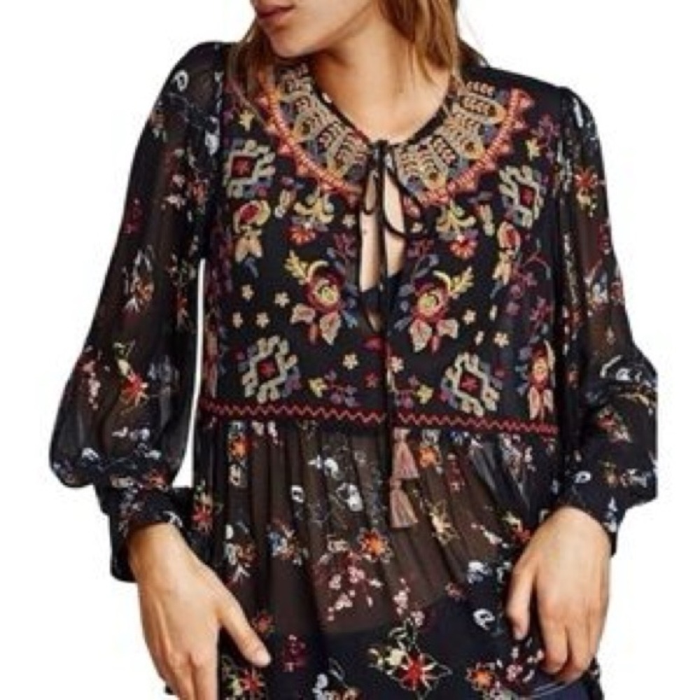 ZARA Woman | Semi-Sheer Black Floral Embroidered Top - Boho Chic - Romantic